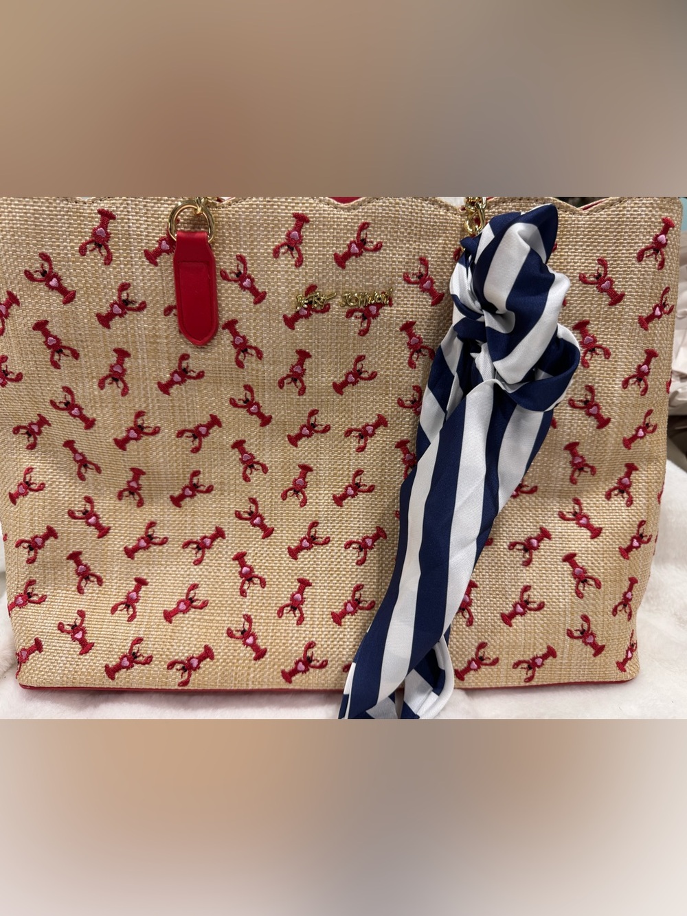 NWOT- Betsey Red Embroidered  Tote with Navy-White Scarf